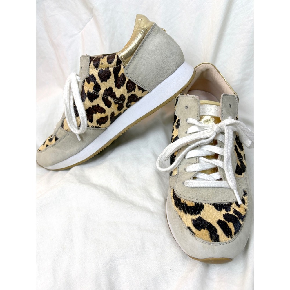 Kate Spade Felicia Leopard Calf Hair Suede Sneakers Gold Trim 8.5